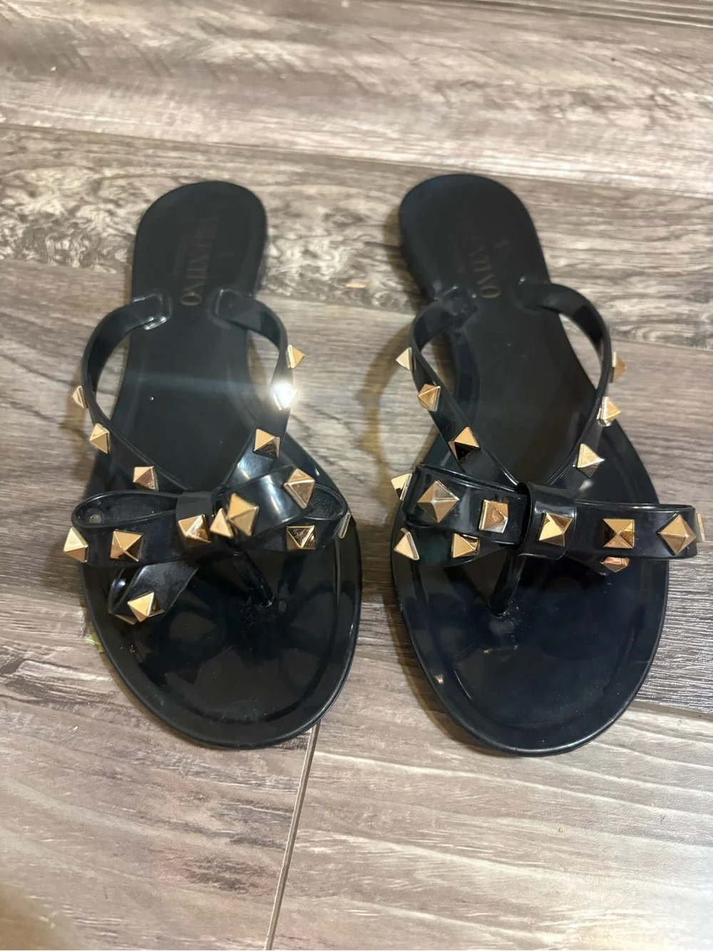 Valentino Black Bow Sandals with Gold Rockstuds